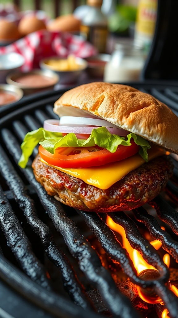 A juicy hamburger patty with melted cheese, lettuce, and tomato on a toasted bun, served on a picnic table.